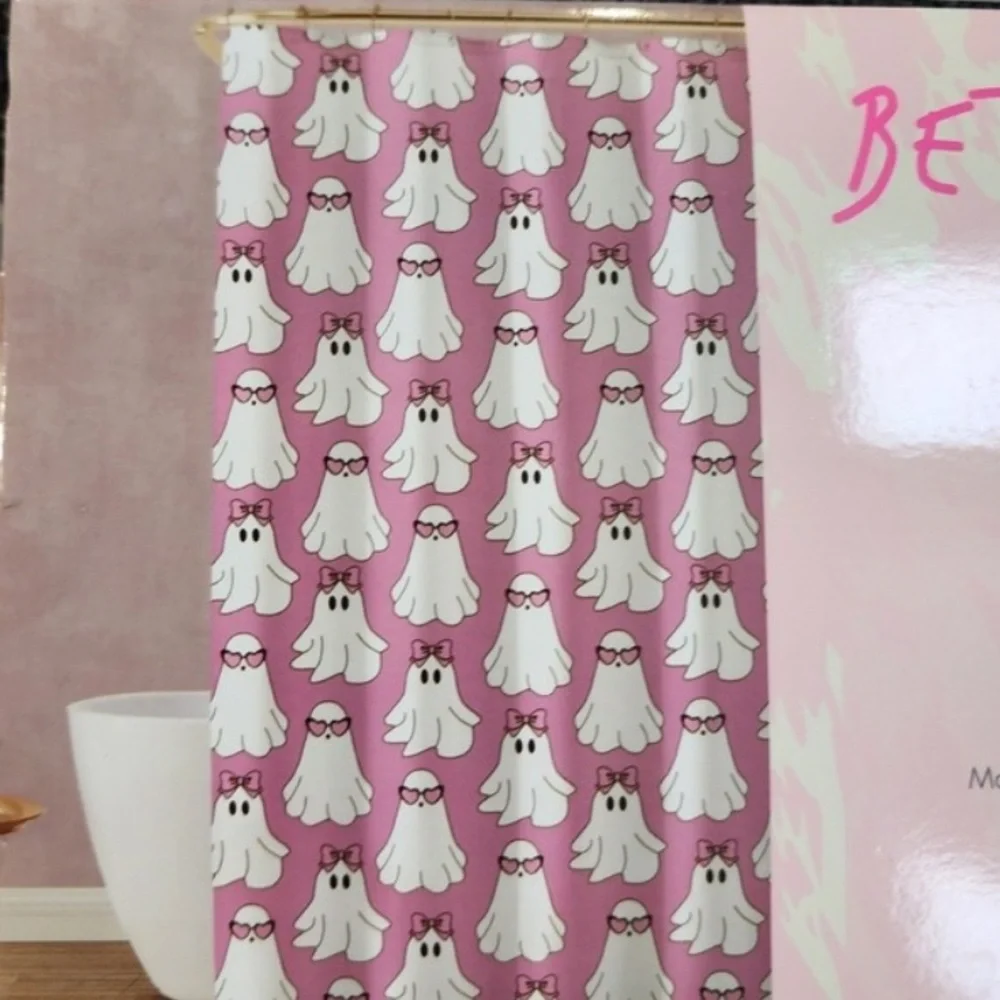 Betsey Johnson Shower Curtain Set Pink Coquette Ghost Hey Boo Halloween 12 Hooks